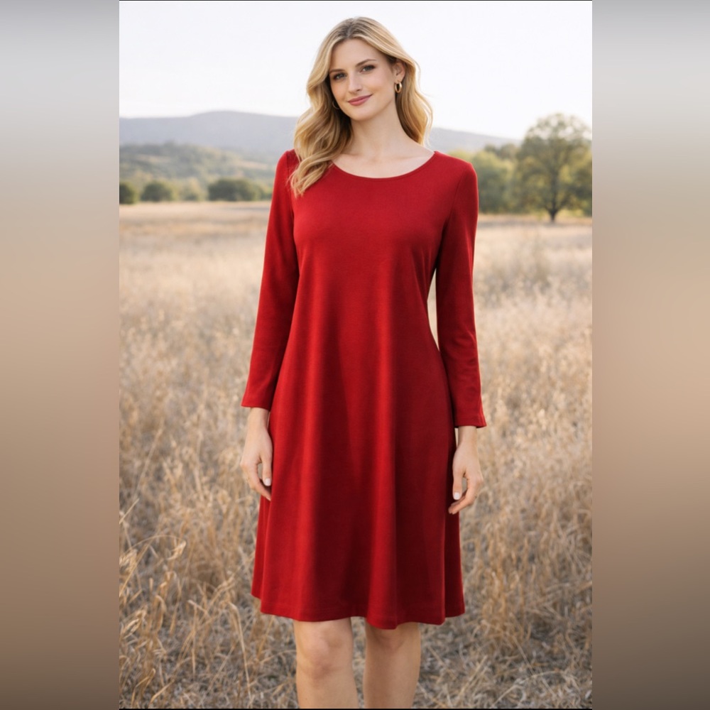 Eileen Fisher Trapeze Dress Red Small Long Sleeve Stretch Washable - Picture 1 of 8